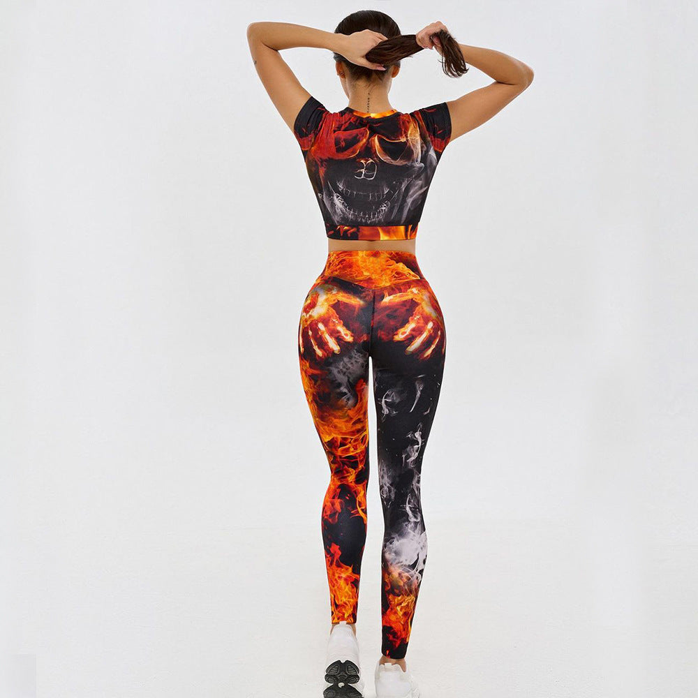 Colorful Skull Print Abdominal Hip Lift Sports Fitness Suit