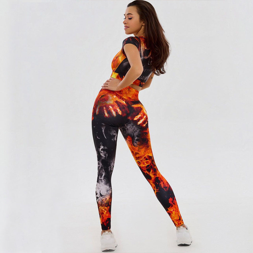 Colorful Skull Print Abdominal Hip Lift Sports Fitness Suit
