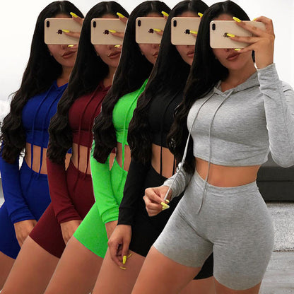 Drawstring Hooded Sports Fitness Running Suit