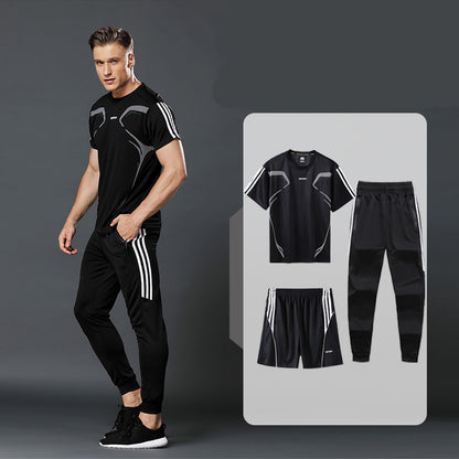 Sports Suit Men's Summer Leisure Two-Piece Three-Piece Fitness Suit Night Running Running Suit Quick-Drying Short-Sleeved Basketball SuitT