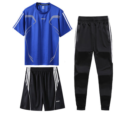 Sports Suit Men's Summer Leisure Two-Piece Three-Piece Fitness Suit Night Running Running Suit Quick-Drying Short-Sleeved Basketball SuitT