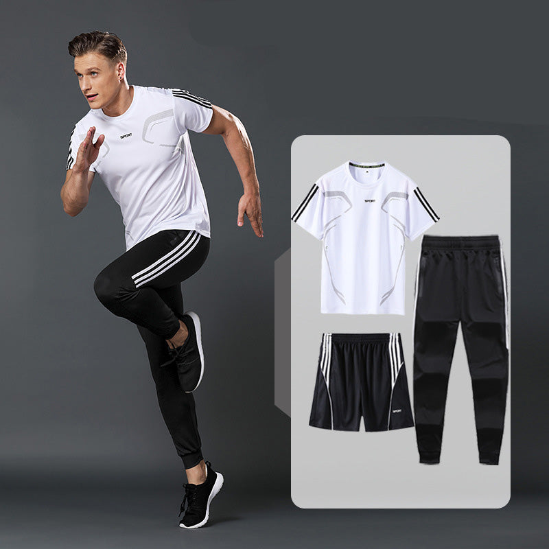 Sports Suit Men's Summer Leisure Two-Piece Three-Piece Fitness Suit Night Running Running Suit Quick-Drying Short-Sleeved Basketball SuitT