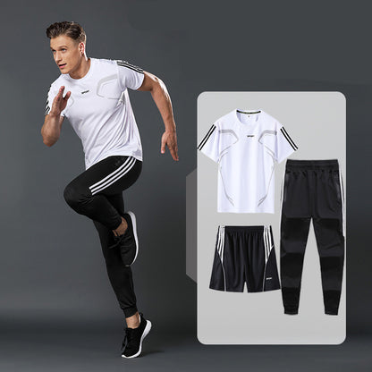 Sports Suit Men's Summer Leisure Two-Piece Three-Piece Fitness Suit Night Running Running Suit Quick-Drying Short-Sleeved Basketball SuitT