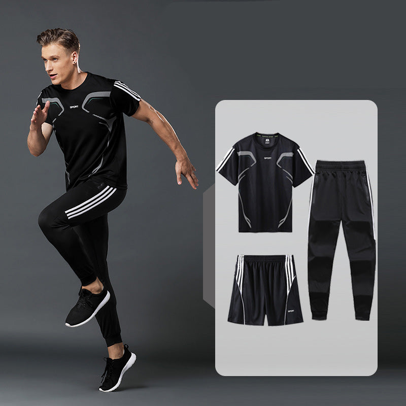 Sports Suit Men's Summer Leisure Two-Piece Three-Piece Fitness Suit Night Running Running Suit Quick-Drying Short-Sleeved Basketball SuitT