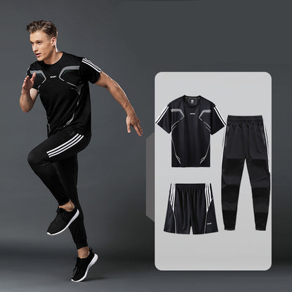 Sports Suit Men's Summer Leisure Two-Piece Three-Piece Fitness Suit Night Running Running Suit Quick-Drying Short-Sleeved Basketball SuitT