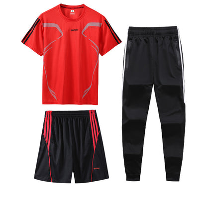 Sports Suit Men's Summer Leisure Two-Piece Three-Piece Fitness Suit Night Running Running Suit Quick-Drying Short-Sleeved Basketball SuitT