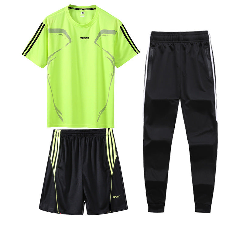 Sports Suit Men's Summer Leisure Two-Piece Three-Piece Fitness Suit Night Running Running Suit Quick-Drying Short-Sleeved Basketball SuitT