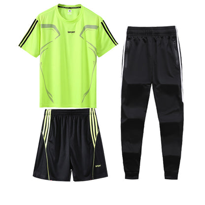 Sports Suit Men's Summer Leisure Two-Piece Three-Piece Fitness Suit Night Running Running Suit Quick-Drying Short-Sleeved Basketball SuitT