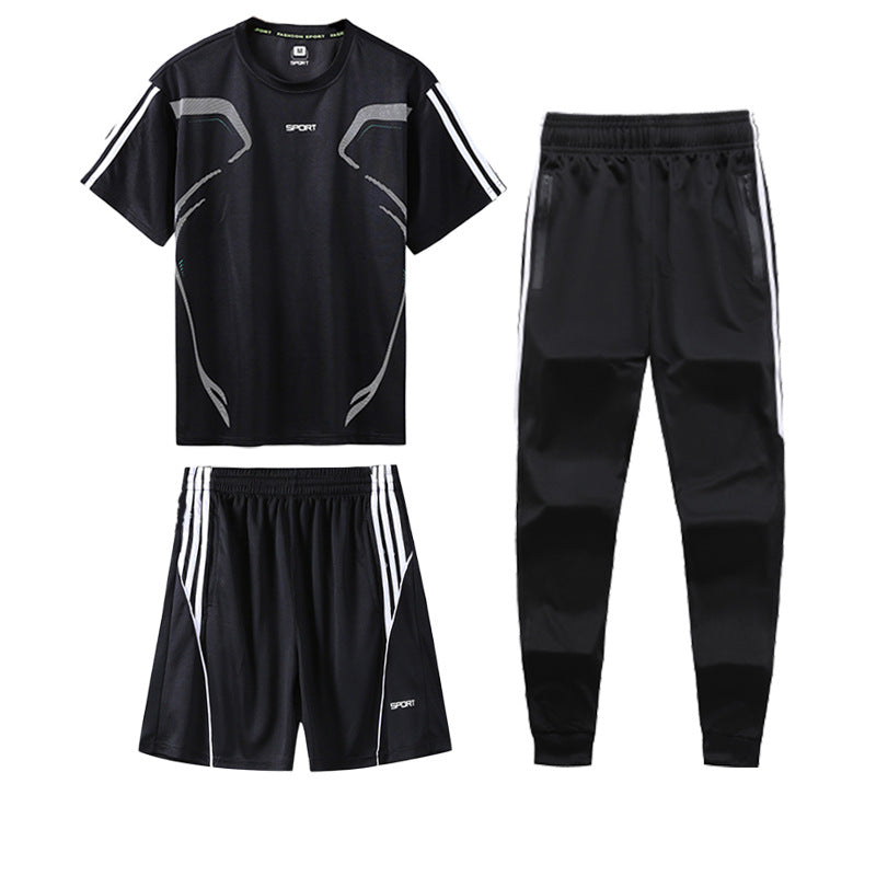 Sports Suit Men's Summer Leisure Two-Piece Three-Piece Fitness Suit Night Running Running Suit Quick-Drying Short-Sleeved Basketball SuitT
