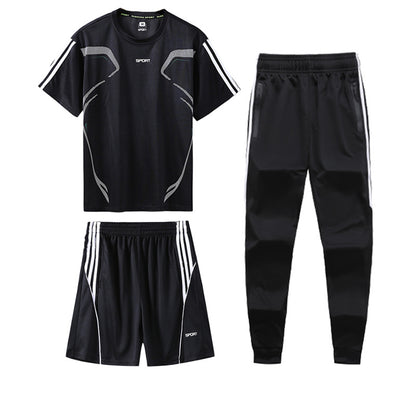 Sports Suit Men's Summer Leisure Two-Piece Three-Piece Fitness Suit Night Running Running Suit Quick-Drying Short-Sleeved Basketball SuitT