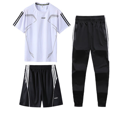 Sports Suit Men's Summer Leisure Two-Piece Three-Piece Fitness Suit Night Running Running Suit Quick-Drying Short-Sleeved Basketball SuitT