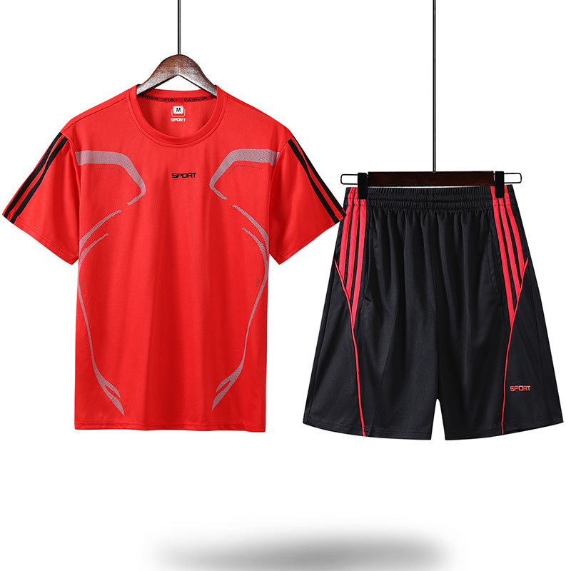 Sports Suit Men's Summer Leisure Two-Piece Three-Piece Fitness Suit Night Running Running Suit Quick-Drying Short-Sleeved Basketball SuitT
