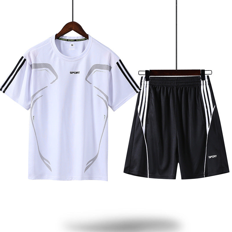 Sports Suit Men's Summer Leisure Two-Piece Three-Piece Fitness Suit Night Running Running Suit Quick-Drying Short-Sleeved Basketball SuitT