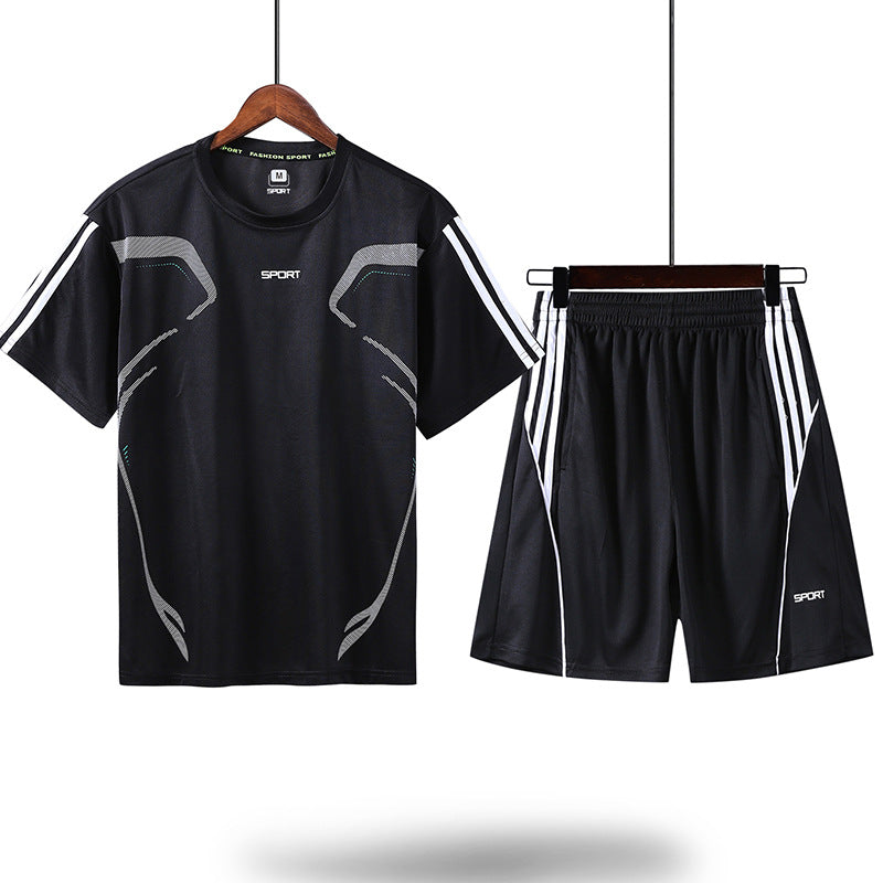 Sports Suit Men's Summer Leisure Two-Piece Three-Piece Fitness Suit Night Running Running Suit Quick-Drying Short-Sleeved Basketball SuitT