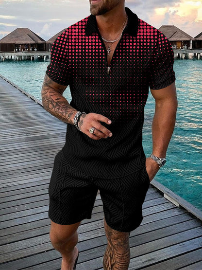 Men's Casual Color Contrast POLO Zip Lapel Shirt Short Sleeve Suit