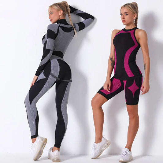 Women 2pcs Seamless Set Sport Suit Gymwear Workout Clothes Long Sleeve Gym Top High Waist Leggings Fitness Women Sets
