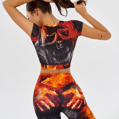 Colorful Skull Print Abdominal Hip Lift Sports Fitness Suit